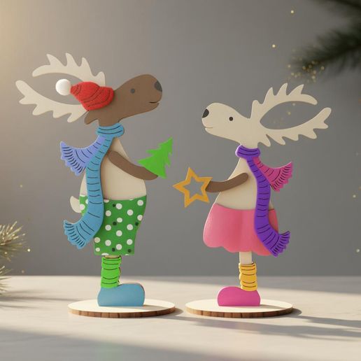 Standing Reindeer Couple — Wooden Plywood Reindeer Shelf Sitter Figurines — Christmas Shelf Decor — Laser Cut Files (SVG, DXF, AI, CDR)