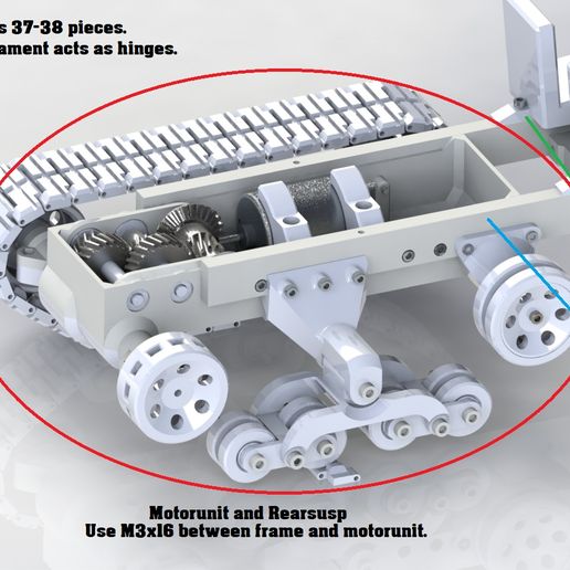 Track uses 37-38 pieces. L75mm filament acts as hinges. Motorunit and Rearsusp Use M3xI6 between frame and motorunit. 3D Printed RC Truck / Half-track