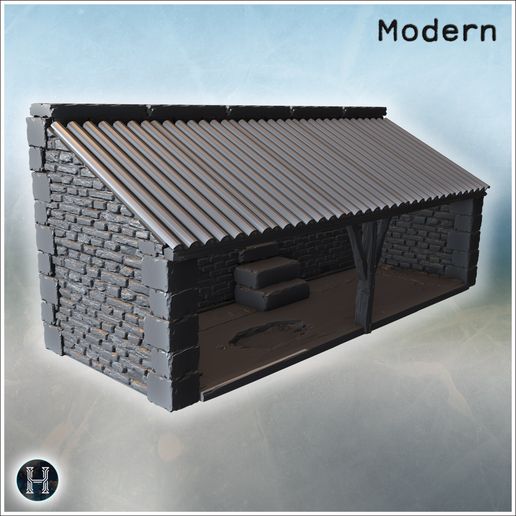 3.jpg Open-front stone shelter with sloped corrugated metal roof, timber post support, brick interior wall, raised storage platform and bare earth floor for equipment staging (8) - Modern WW2 WW1 World War Diaroma Wargaming RPG Mini Hobby