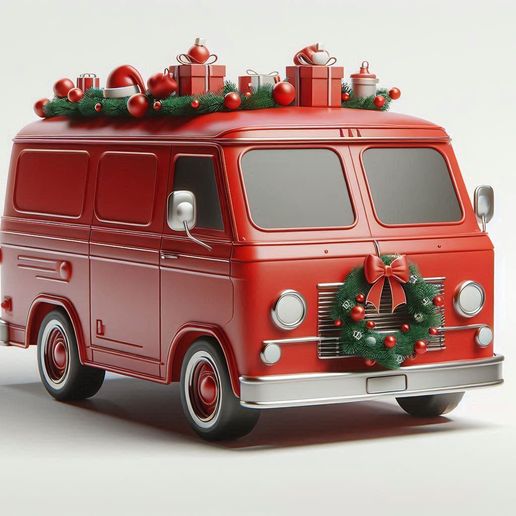 Retro Christmas Delivery Van with Wreath and Rooftop Gifts - Holiday Toy/Decor