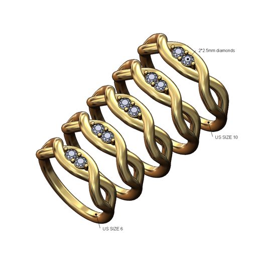 Diamond-link-Overlapping-knot-band-size6to10-00.jpg Anel de ligação com nó sobreposto e torcido de diamante tamanhos 6 a 10 Modelo de impressão 3D