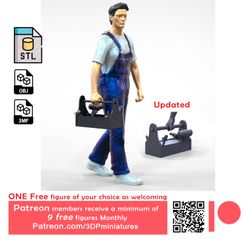Updated ow ia ONE Free figure of your choice as welcoming Patreon members receive a minimum of 9 free figures Monthly Patreon.com/3DPminiatures STL file N9 Mechanic carrying a toolbox・3D printable model to download