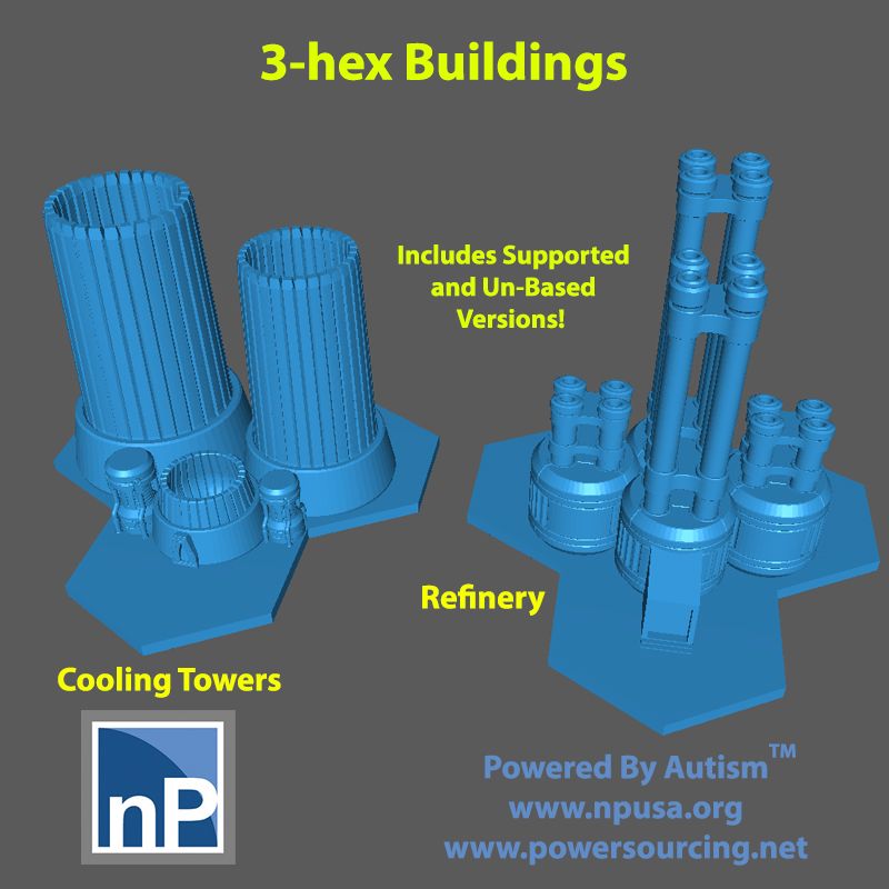 3-hex Buildings Tita (Te (TB ey eLelacyel and Un-Based Tyra Pinta Cooling Towers Fichier STL Bâtiments et bases de Battletech - pack 3・Design à télécharger et à imprimer en 3D, np-dev