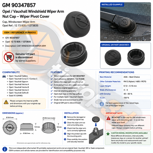GM 90347857 Opel / Vauxhall Windshield Wiper Arm Nut Cap – Wiper Pivot Cover 1273835