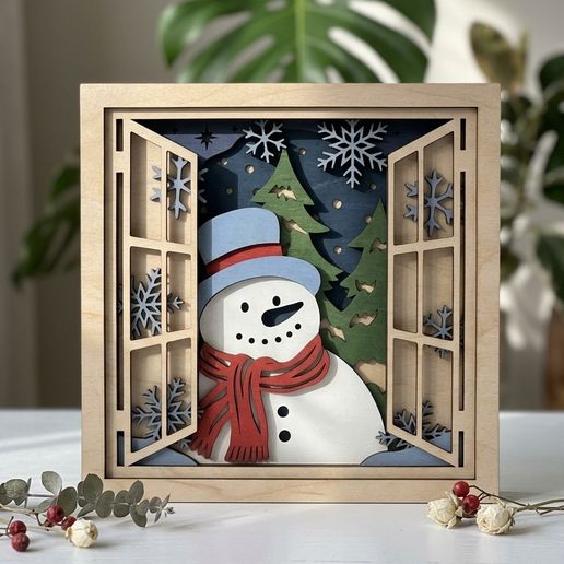 MD510 - Snowman Shadow Box SVG, Snowman in Window 3D Layered Laser Cut File, Christmas Snowflake Wall Art, Glowforge CNC File, Digital Download