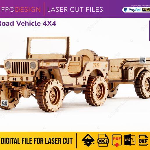 JP-W-REMOLQUE4.jpg Carro de guerra 4x4 con remolque planos corte láser madera mdf aglomerado de 3mm truck  modelo 3d para armar Laser Cut 3D Puzzle DIY png svg