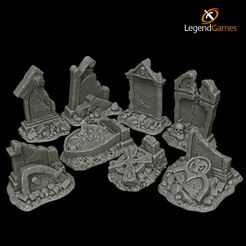 Gothic-Tombstone-All-Broken-Thumbnail-V1.jpg STL file LegendGames Broken Tombstone set・3D print design to download, LegendGames