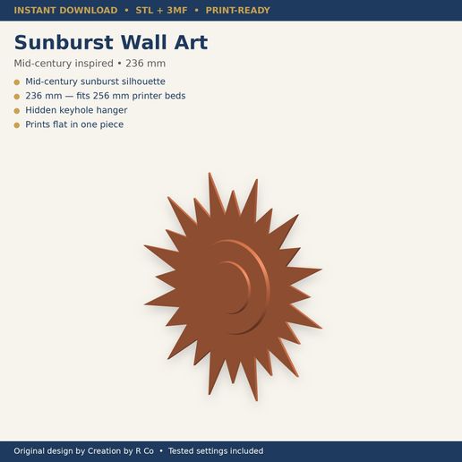 Sunburst Wall Art STL File | Mid Century Modern Wall Decor 3D Print