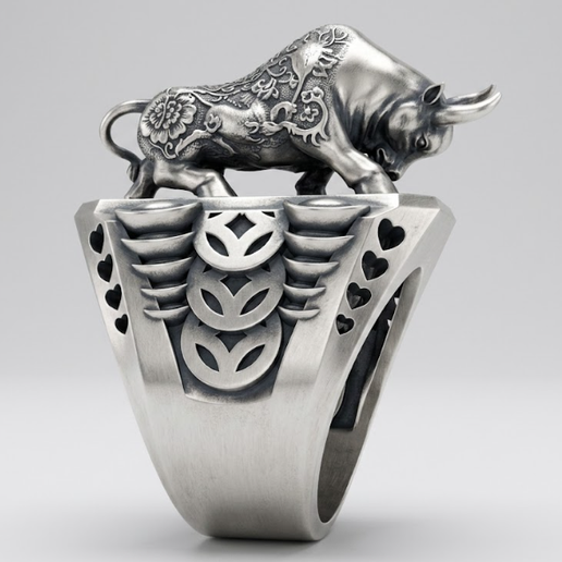Charging Bull with Wealth Coins Heavy Signet Ring