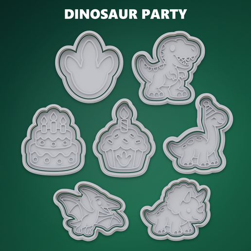 Dinosaur Party Cookie Cutter STL – 3D Print Biscuit Mold Set 3D model