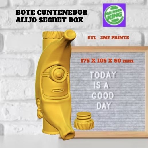 BOTE CONTENEDOR ALIJO SECRET BOX BANANA MINIONS .POT STASH BOX WEED JOYAS DINERO . DISCRETO CONTENEDOR . OCULTACION. HD 3MF Y STL PRINT . FDM-SLA.