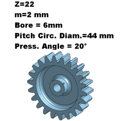 Gear-z-22.png Spur gear 22 teeth - 2 mm module - 10 mm depth.