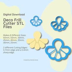 Digital Download Deco Frill Cutter STL Files Makes 8 Different Sizes: 60mm, 55mm, 50mm, 45mm, 40mm, 35mm, 30mm, 25mm. ~~ 2 different Cutting Edges: ad 0.7mm edge and a 0.4mm sharp edge. Created by UtterlyCutterly 3D file Deco Frill Clay Cutter - STL Digital File Download- 8 sizes and 2 Cutter Versions・3D printing design to download, UtterlyCutterly