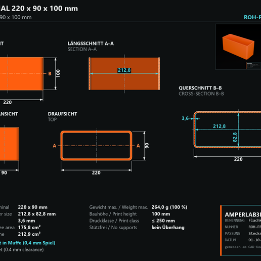 Flachkanal 220x90 mm, 100 mm lang – Lüftungskanal, Stutzen beidseitig, ohne Stützen