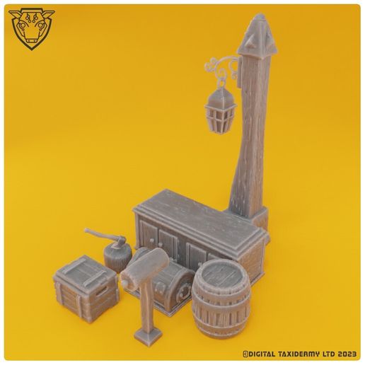 Fantasy Village Street & Workshop Props STL Set - Halfling Scatter Terrain  Village Lamppost & Woodworking Props STL - 28mm Fantasy Scatter Scenery