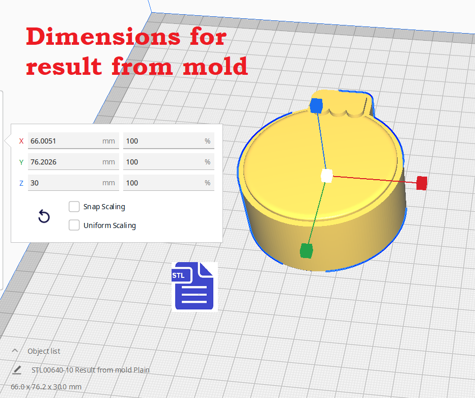 Dimensions for = result from mold X 66.0051 mm 100 Y 76.2026 mm 100 z 30 mm 100 Snap Scaling 5 Uniform Scaling 4 bu & A/ Objectlist (Z —S7L.00640-10 Result from mold Plain 66.0% 76.2x300 mm Archivo 3D Molde de Bomba de Baño 7en1 para Navidad・Modelo de impresión 3D para descargar, CraftsAndGlitterShop