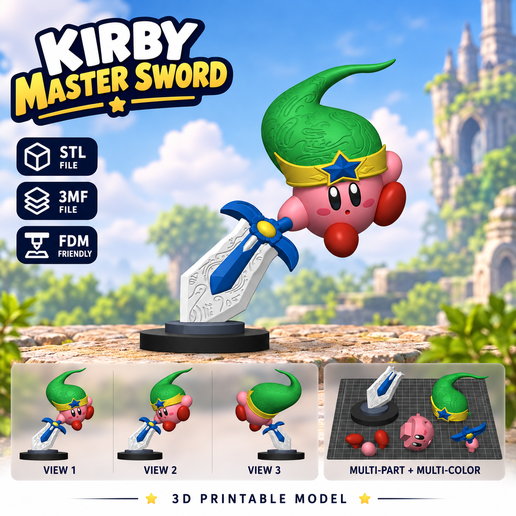 [MULTI-PART] Kirby Master Sword Statue - Link Zelda Crossover 3D Print Model (STL &) 3MF
