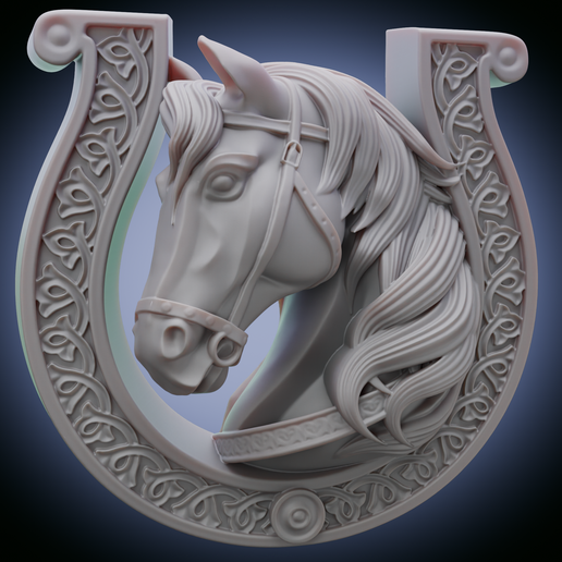 Render_Horse.png Horse Head in Horseshoe - Decorative Relief for CNC and 3D Printing