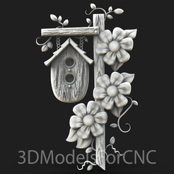 1.png 3D-Modell STL-Datei für CNC-Router Laser & 3D-Drucker Vogelhaus auf einem Pfahl