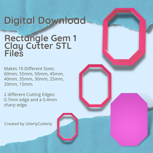 Rectangle Gem Clay Cutter - Jewel STL Digital File Download- 10 sizes and 2 Cutter Versions 3D model