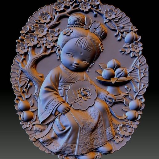 Little Hanfu Girl in Lotus Garden Relief STL - Deep + Shallow Set