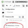 ©} onshape = SWIMMING | 4 A ZSketch € $4. Configurations @ Prnttest © Features (19) nO (X) #thickness = 6 mm (X) #tolerance = 0.3 mm Customization SWIMMING POOL WATER PUMP AIR-RELEASE VALVES' WRENCH