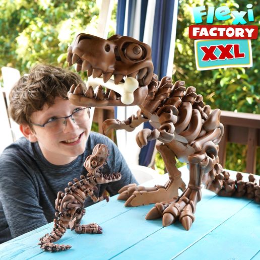 Flexi-Factory-XXL-T-Rex_02.jpg Flexi Factory Print-in-Place Skeleton T-Rex Dinosaur with 3MF and XXL Versions Included!