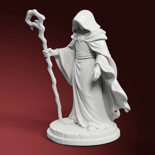 Hooded Battle Mage Figurine STL – Dark Wizard Statue 3D Print for Tabletop Gaming