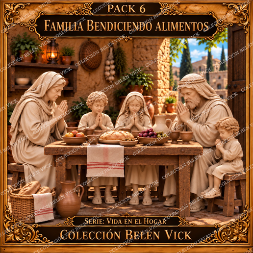 Familia bendiciendo los alimentos - stl- impresión 3D- figuras pesebre | Colección Belén Vick