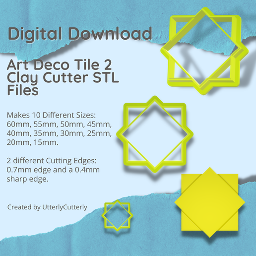 Art Deco Tile 2 Clay Cutter - Jewel STL Digital File Download- 10 sizes and 2 Cutter Versions 3D model