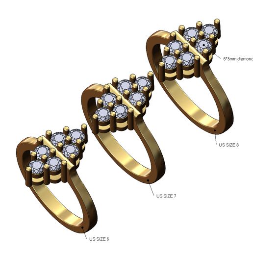 Double crown clusters pinched shank diamond ring US sizes 6 7 8 3D print model 3D model
