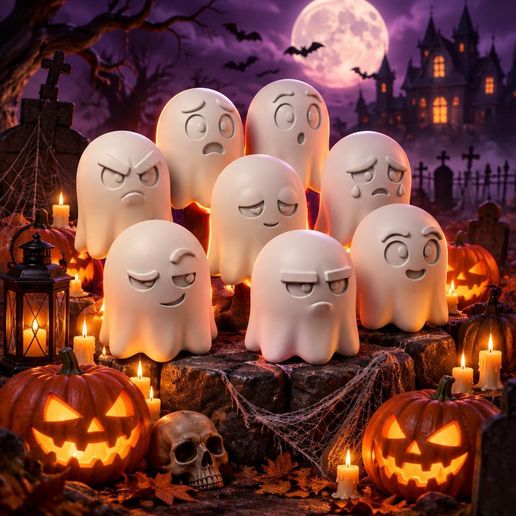 Halloween Ghosts 3D Print – Cute Spooky Ghost Family on Base | Halloween Decoration STL | FDM PLA