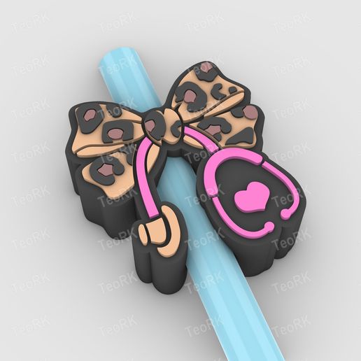 Straw Topper Nurse Coquette Bow With Leopard Print Fits Standard & Stanley Straws | STL, 3MF pre-painted
