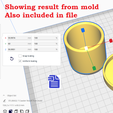 howing result from mold lso included in file _ x 59.9974 mm 100 Y 60 mm 100 Z 59,9951 mm 100 Snap Scaling 5 +) Uniform Scaling ar & A Object list ‘Z 5TL00652-7 Coaster Restilf from \mold 158.2x 117.1 x60.0 mm. g@naeg Planter Pot Silicone Mold Housing