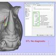 Viewrages 0K view (Slices |.Multi-Section | Grid. | Support View. Rapidfit View. P Diagnostics Curent Pert: [ihino_head Ned Visualization “J Combined Fix & Fic Wizard (Part: rhino head) > Diagnostics ShadeaWire Advice (i Normals No more erors.are detected. Itseems that the patisok, GY siting i [INS] Freeda le i Noise Sets Bad Edges Visible Bote — Drianser ——_ “Govetees are Borat] orto (in| Seon Shean] Sones snare bod edges detected Hex -— bad conor detected 2 Profs nearbad ges detected planar holes detected shel detected possible noise shels detected overlapping triangles detected intersecting triangles detected # Triangles [275350 #Points [137677 Properties Vole [3808780 surface | 1021,988 mm*2 | [7] Automatic Status [Changed Z Compensated |No D> Fallow Advice ose Help (Annotation Pages 0X Text [Drawing | Attachments | Textures iI Eat Text Parameters Verdana Arrows = SESSeIaIee) ~ —=]| STL file diagnostic width 10 Height 10 [Measurement Pages ax Distance [Radius | Angle | Info. Final Part | Report (Foc x Seana eee ee ee ee eee eee ee | Autofic [Basic | Hole | Trianole | Shell | Overlap | Point Rhino head