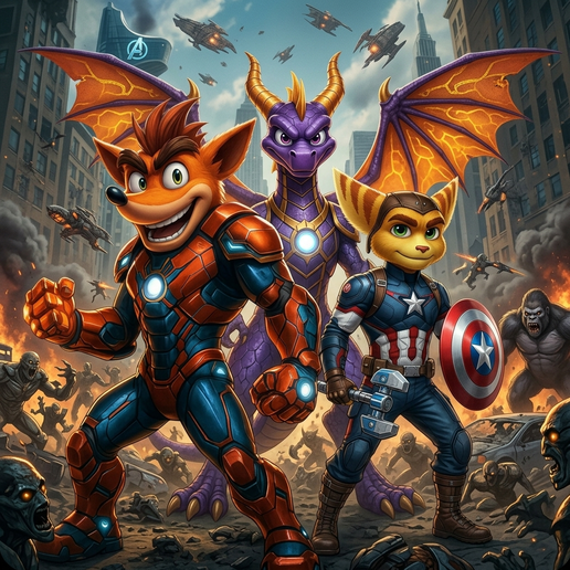 PACK Diorama Crossover de Superhéroes: Crash Iron Man, Ratchet Capitán América y Spyro