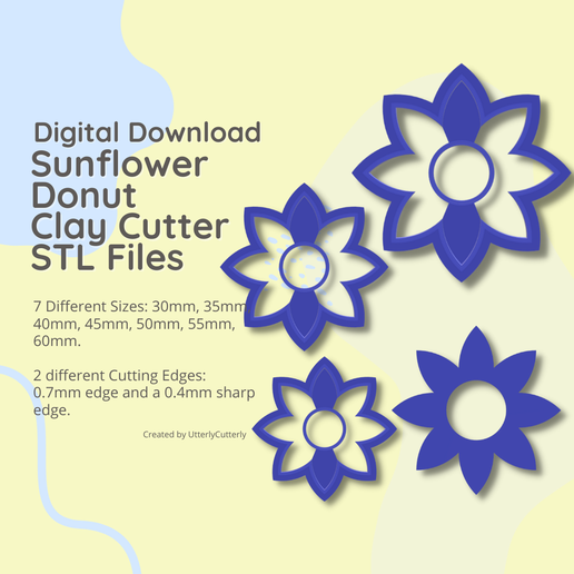 SunFlower Donut Debossed Clay Cutter - STL Digital File Download- 7 sizes and 2 Cutter Versions 3D model