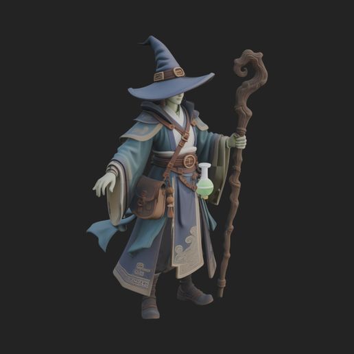 Hooded Wizard with Staff Statue Design 21 - 3D Print Model