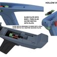 HOLLOW VERSION: SLIDE PLATE INTO BODY, THEN GLUE OUTER SWITCH INTO PLATE. SLIDE SWITCH DESIGNED TO WORK WITH A REAL SLIDE SWITCH VIA 'ADAPTER' BACKING PLATE: Strange New Worlds Phaser Star Trek