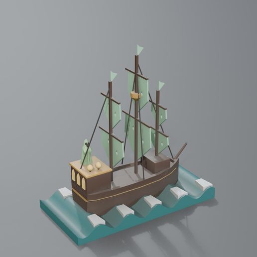 Ghost Ship on the Waves - Three Masts, Torn Sails and a Ghost Captain, No Supports - 3D Print STL