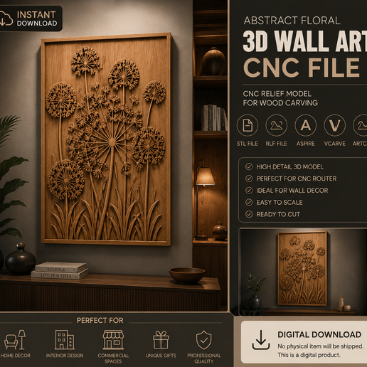 📁 Abstract Floral CNC Relief STL RLF File Aspire VCarve ArtCAM Wood ...