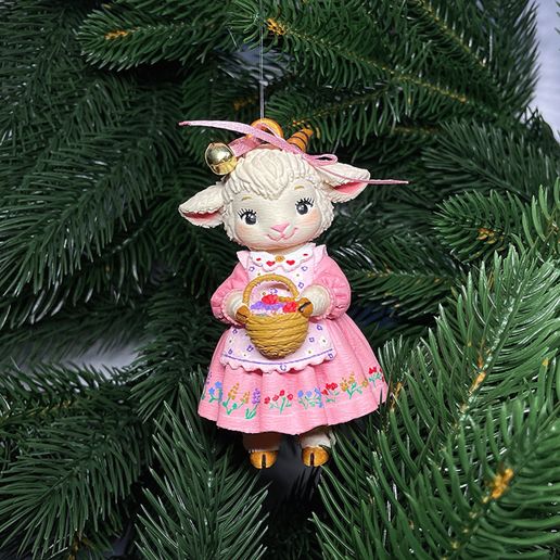 Cute Vintage Christmas Goat Girl in Pink Dress & Apron – Printable Tree Ornament / Figurine STL