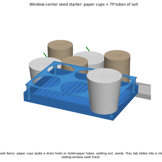 Window-Corner Seed Starter: paper cups or TP tubes, drip tray + sash-track clip
