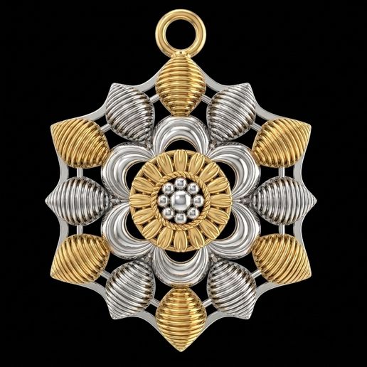 8-Point Star Mandala Pendant - Two-Tone Gold & Silver Layered Petals - Sunflower Center - 3D Printable Locket