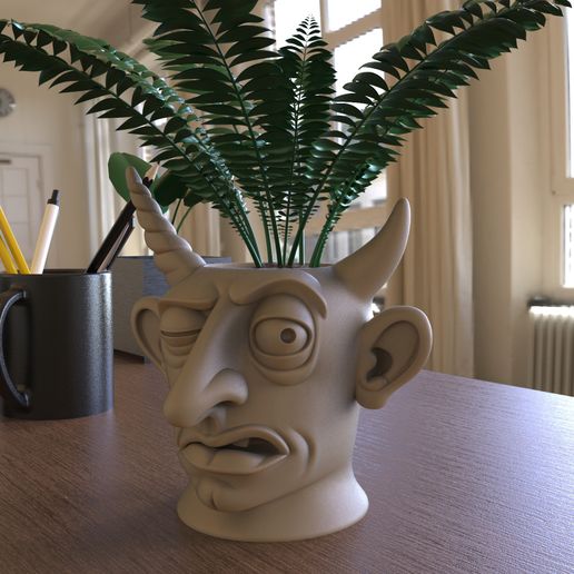 Horned Crazy Face Planter – Whimsical & Absurd 3D Printable Vase Design (STL)