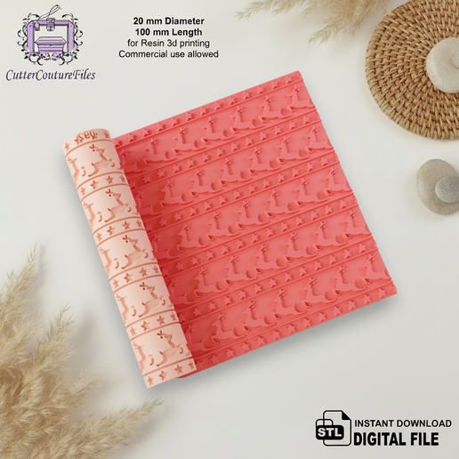 Reindeer & Stars Clay Texture Roller | Christmas Embossing Design (Digital STL File) #092