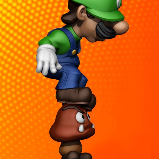 04_Renders.jpg 3D-фигурка Луиджи в действии, топающего по классическому гумбе из вселенной Mario.