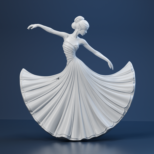 Dancer with Wide Pleated Skirt - Flowing Figure Sculpture STL