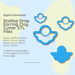 Digital Download Scallop Drop Earring Clay Cutter STL Files Makes 8 Different Sizes: 60mm, 55mm, 50mm, 45mm, 40mm, 35mm, 30mm. 25mm. 2 different Cutting Edges: 0.7mm edge and a 0.4mm sharp edge. Created by UtterlyCutterly 3D file Scalloped Drop Ary Deco Clay Cutter - STL Digital File Download- 8 sizes and 2 Cutter Versions・Design to download and 3D print, UtterlyCutterly