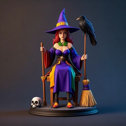 1602 Elegant Witch with Broom, Raven and Skull - Colorful Full-Body Figurine, magic, creature, fantasy, wood, gnome, gorgon, warrior, wild, fox, monster, cat, dog, fair, witch, werewolf, horror, beast, gothic, troll 3D model